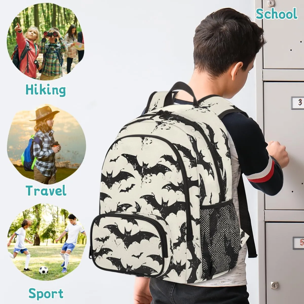 Halloween Bats Carry on Travel Backpack for Women Men Water resistant Lightweight Rucksack Backpack for Weekender Casual Work Hiking Black White Scary