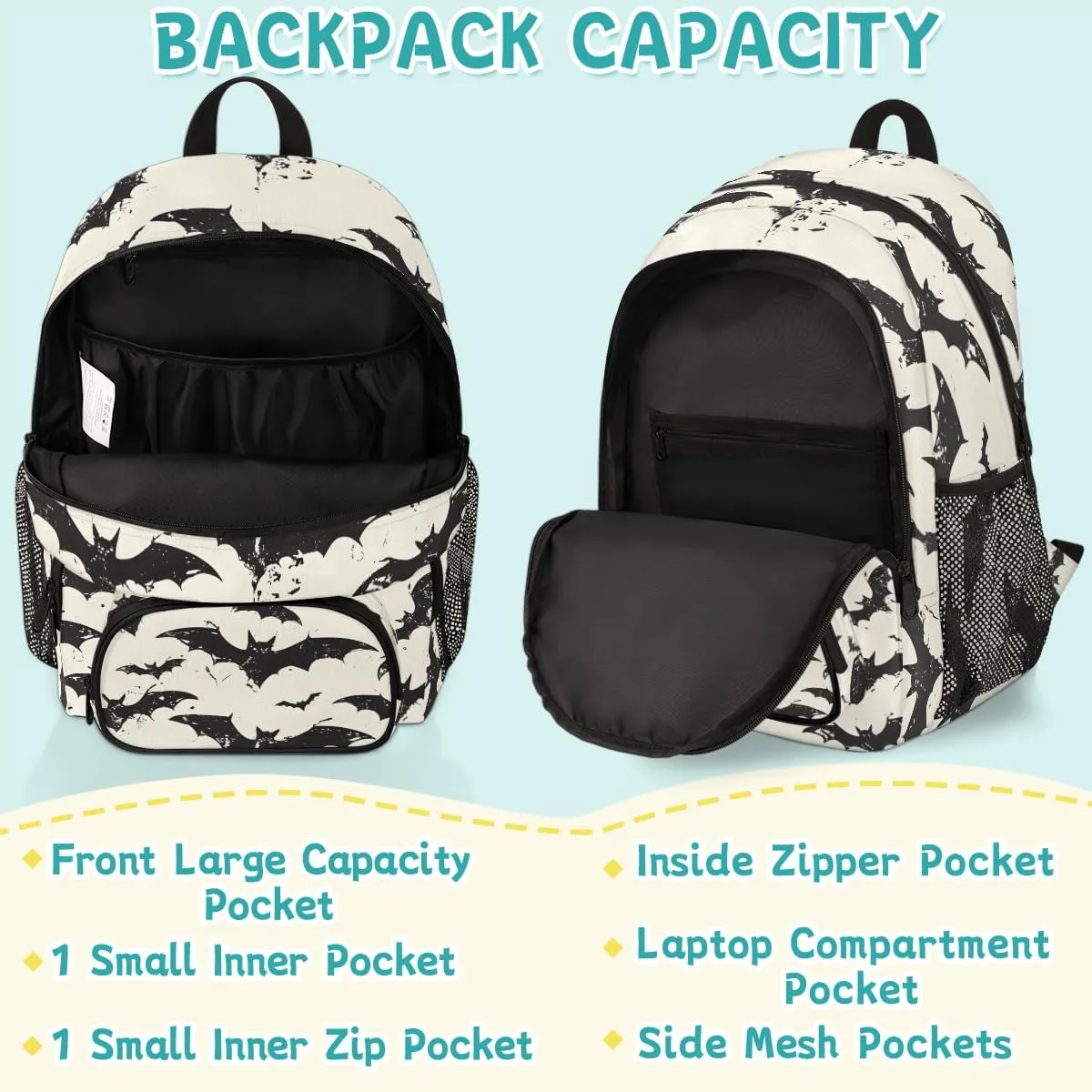 Halloween Bats Carry on Travel Backpack for Women Men Water resistant Lightweight Rucksack Backpack for Weekender Casual Work Hiking Black White Scary