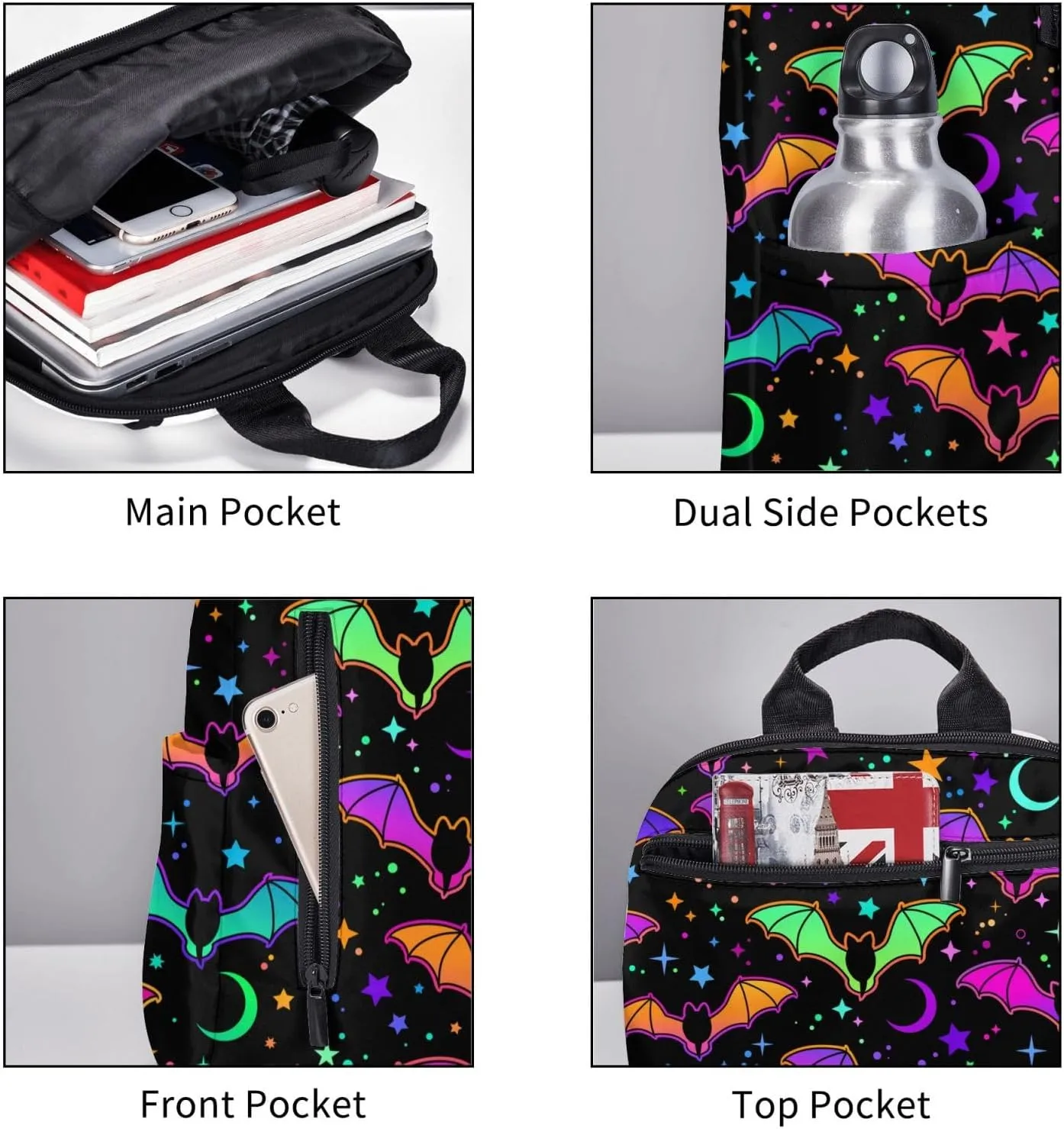 Halloween goth Bat Gothic moon star Big Capacity Backpck Carry-On Bag Multipurpose Business Computer Bag Casual Backpack for Gym, Picnic, Walking