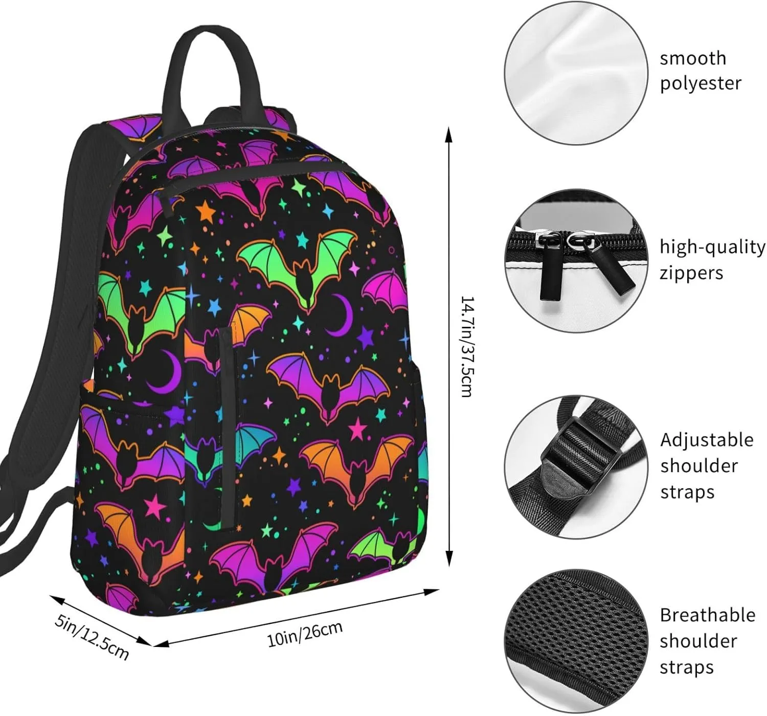 Halloween goth Bat Gothic moon star Big Capacity Backpck Carry-On Bag Multipurpose Business Computer Bag Casual Backpack for Gym, Picnic, Walking