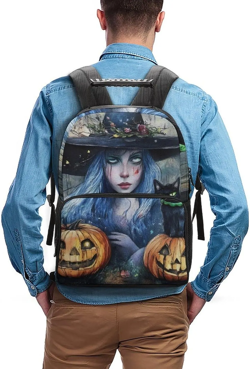 Halloween Pumpkin Black Cat Magic Witch Painting Daypack Lightweight Multipurpose Anti-Theft Shoulder Bag Large Capacity Laptop Book Bag Rucksack With Adjustable Shoulder Straps