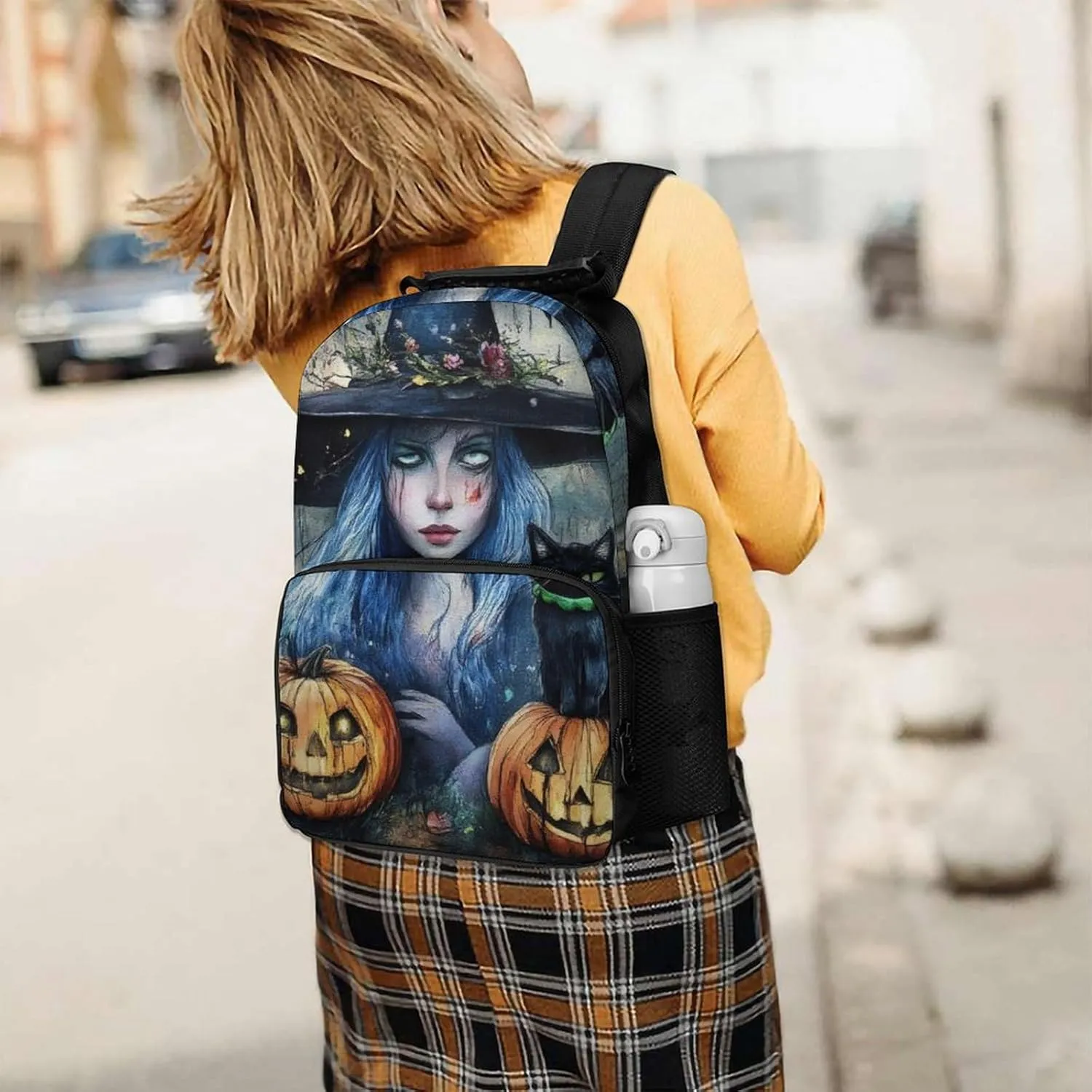 Halloween Pumpkin Black Cat Magic Witch Painting Daypack Lightweight Multipurpose Anti-Theft Shoulder Bag Large Capacity Laptop Book Bag Rucksack With Adjustable Shoulder Straps