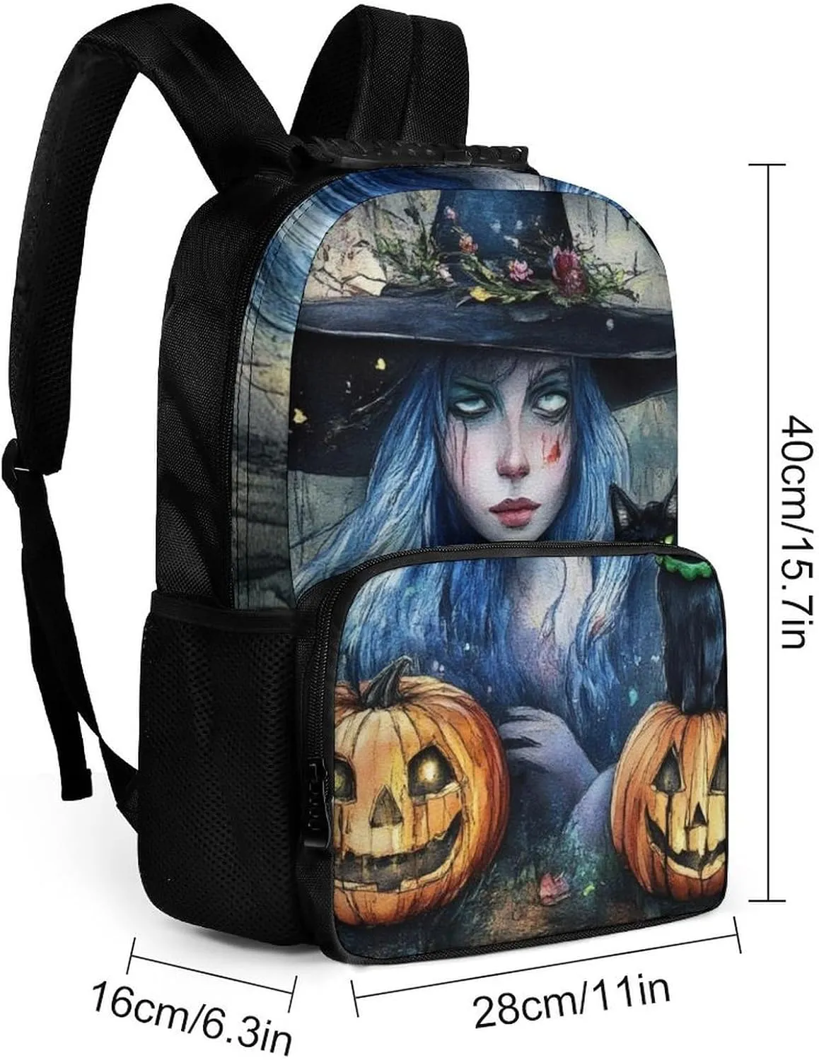 Halloween Pumpkin Black Cat Magic Witch Painting Daypack Lightweight Multipurpose Anti-Theft Shoulder Bag Large Capacity Laptop Book Bag Rucksack With Adjustable Shoulder Straps