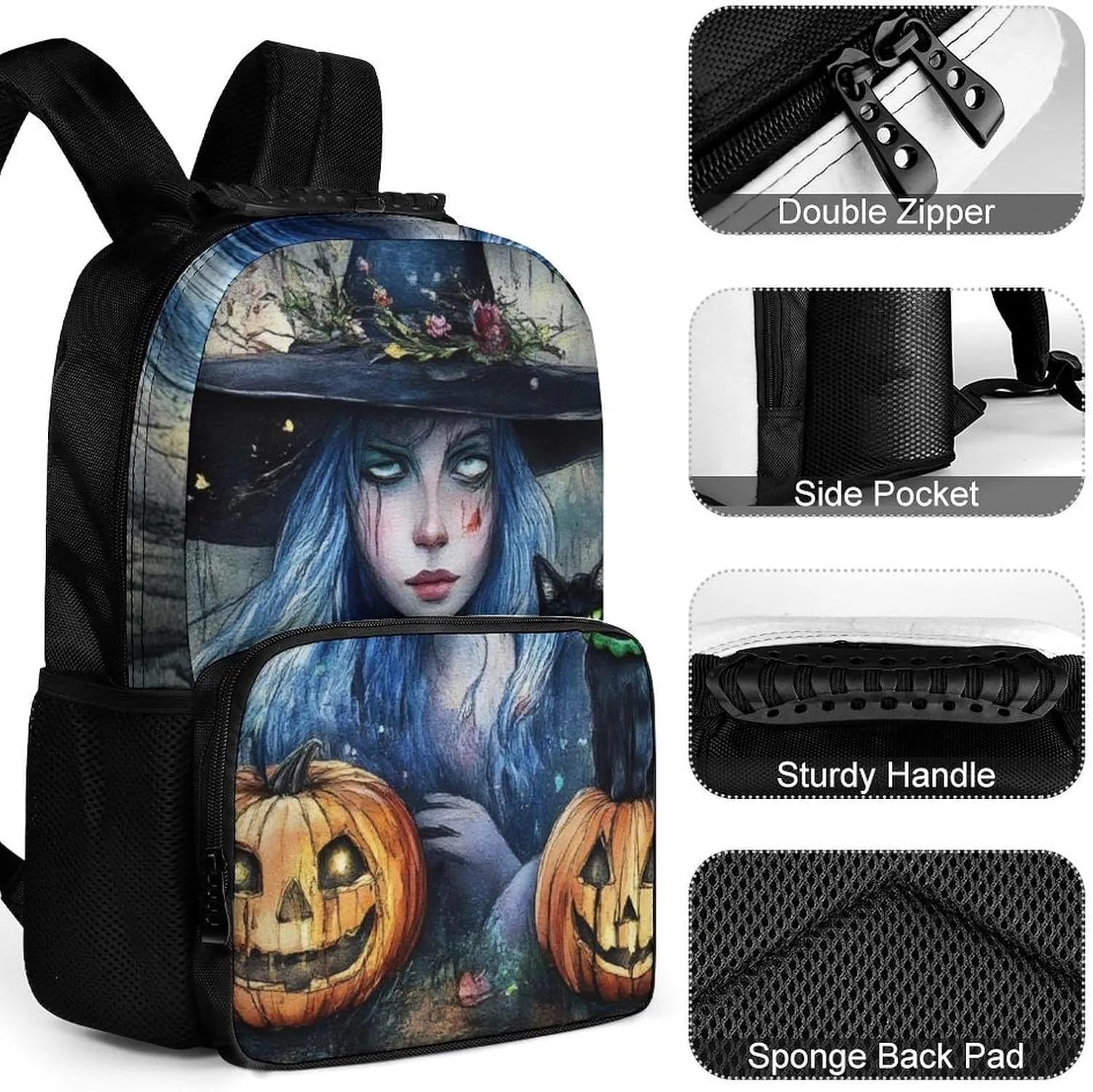 Halloween Pumpkin Black Cat Magic Witch Painting Daypack Lightweight Multipurpose Anti-Theft Shoulder Bag Large Capacity Laptop Book Bag Rucksack With Adjustable Shoulder Straps