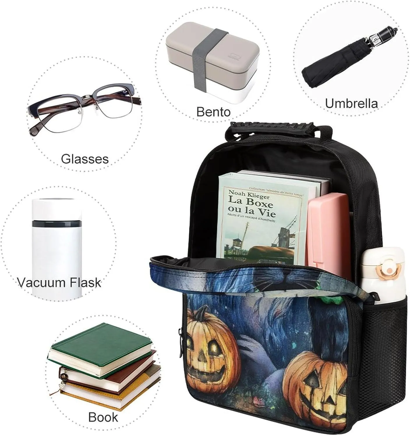 Halloween Pumpkin Black Cat Magic Witch Painting Daypack Lightweight Multipurpose Anti-Theft Shoulder Bag Large Capacity Laptop Book Bag Rucksack With Adjustable Shoulder Straps