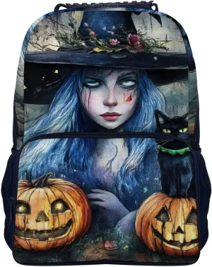 Halloween Pumpkin Black Cat Magic Witch Painting Daypack Lightweight Multipurpose Anti-Theft Shoulder Bag Large Capacity Laptop Book Bag Rucksack With Adjustable Shoulder Straps
