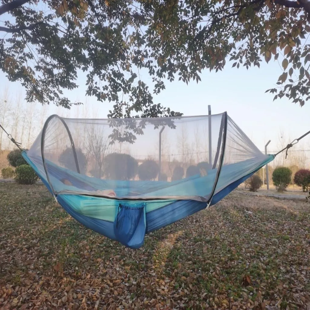 Hammock Double Automatic Mosquito Net, Anti-Rollover Hammock, Parachute, Bunis Spinning Camping Leisure Double Hanging Chair Hammock Outdoor(Blue)