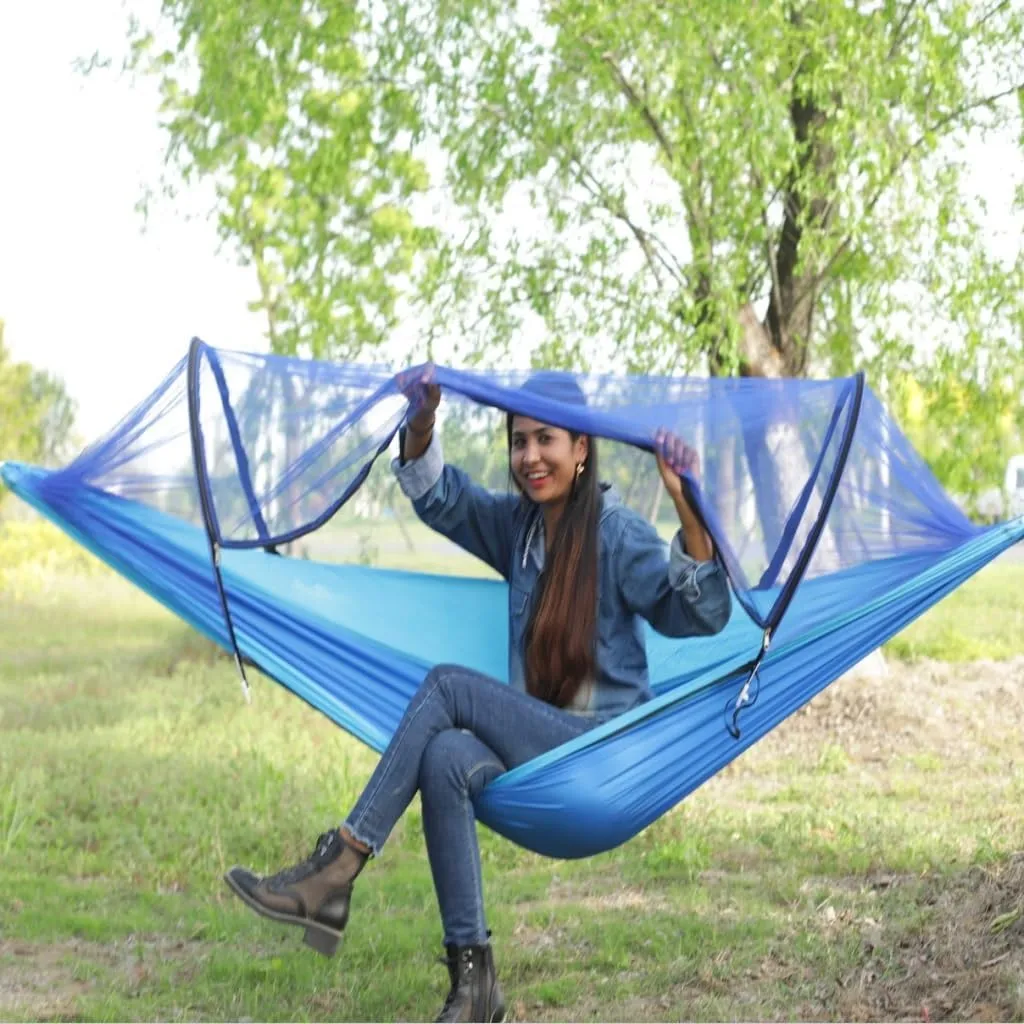 Hammock Double Automatic Mosquito Net, Anti-Rollover Hammock, Parachute, Bunis Spinning Camping Leisure Double Hanging Chair Hammock Outdoor(Blue)