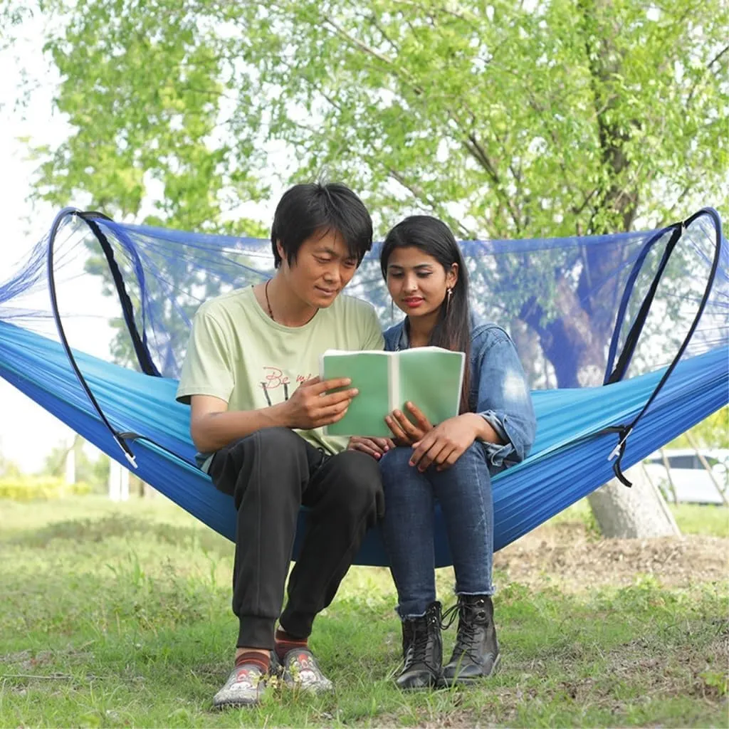 Hammock Double Automatic Mosquito Net, Anti-Rollover Hammock, Parachute, Bunis Spinning Camping Leisure Double Hanging Chair Hammock Outdoor(Blue)