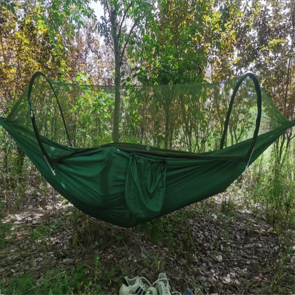 Hammock Double Automatic Mosquito Net, Anti-Rollover Hammock, Parachute, Bunis Spinning Camping Leisure Double Hanging Chair Hammock Outdoor(Blue)
