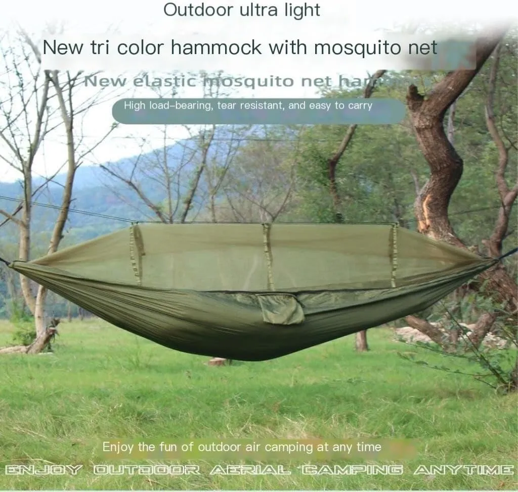 Hammock Double Camping Hammock Outdoor Camping Portable Single Parachute Cloth Three-Color Belt Anti-Mosquito Hammock Hammock Outdoor(D)
