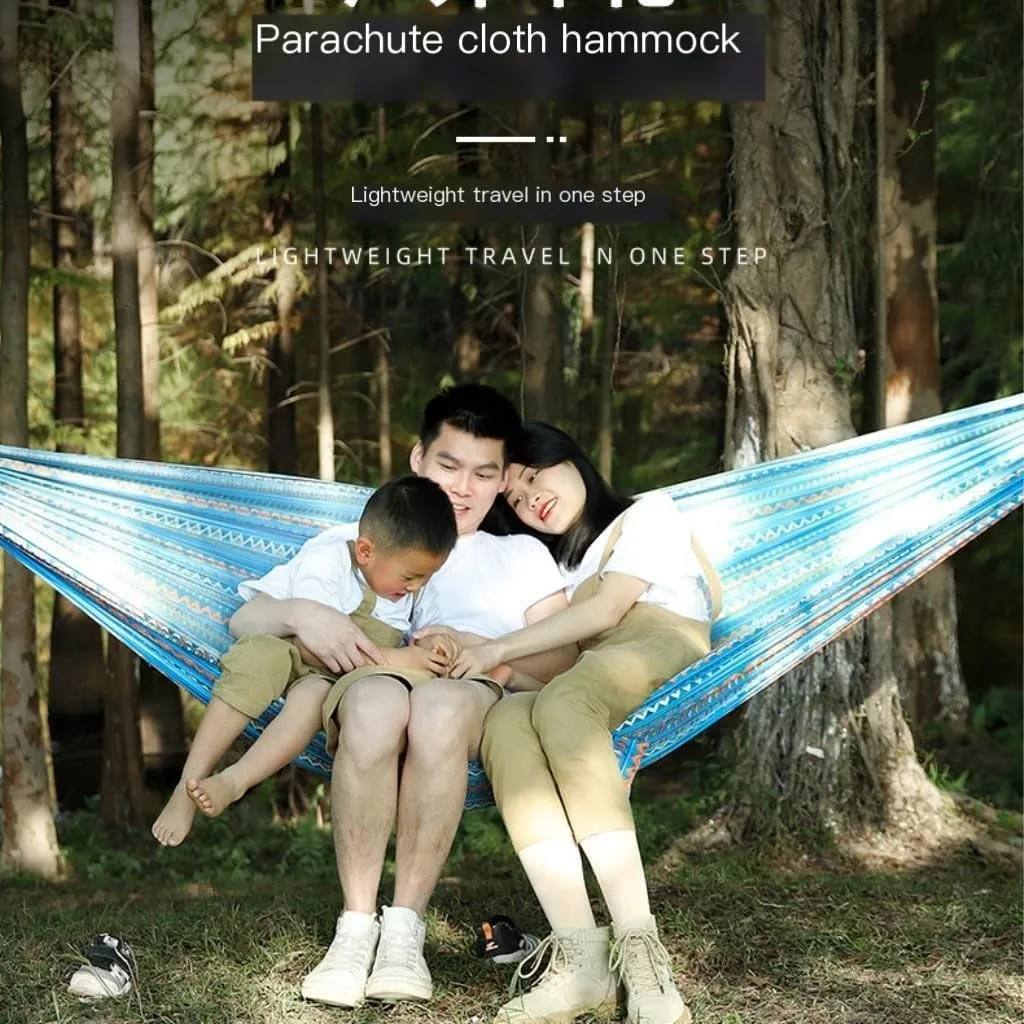 Hammock Double Hammock Outdoor Camping Quick-Open Single Double Hammock Parachute Cloth Printing Park Camping Hammock Hammock Outdoor(Blue)