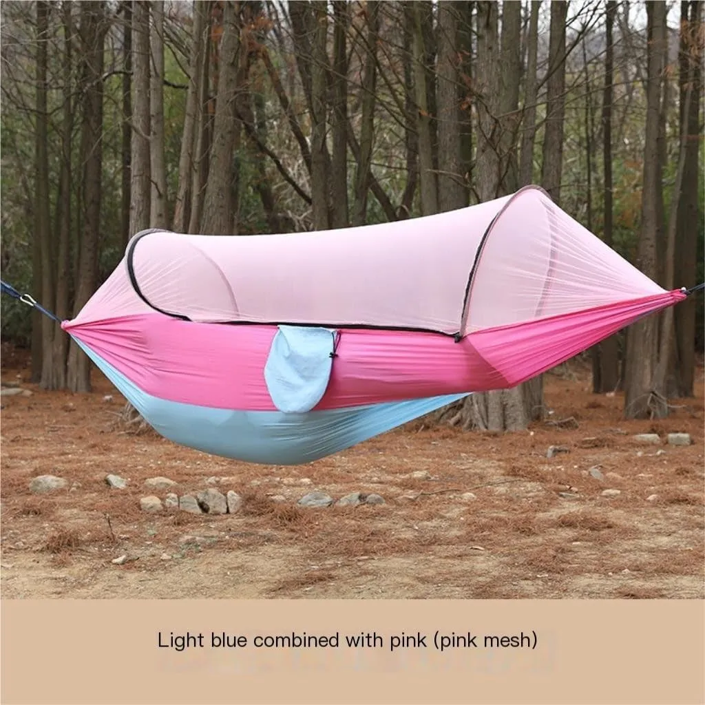 Hammock Double Outdoor Anti-Rollover Nylon Hammock with Mosquito Net Automatic Quick-Opening Pole Mosquito Net Hammock Hammock Outdoor(Red)