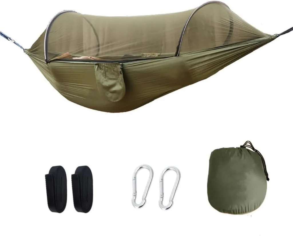 Hammock Double Outdoor Anti-Rollover Nylon Hammock with Mosquito Net Automatic Quick-Opening Pole Mosquito Net Hammock Hammock Outdoor(Red)