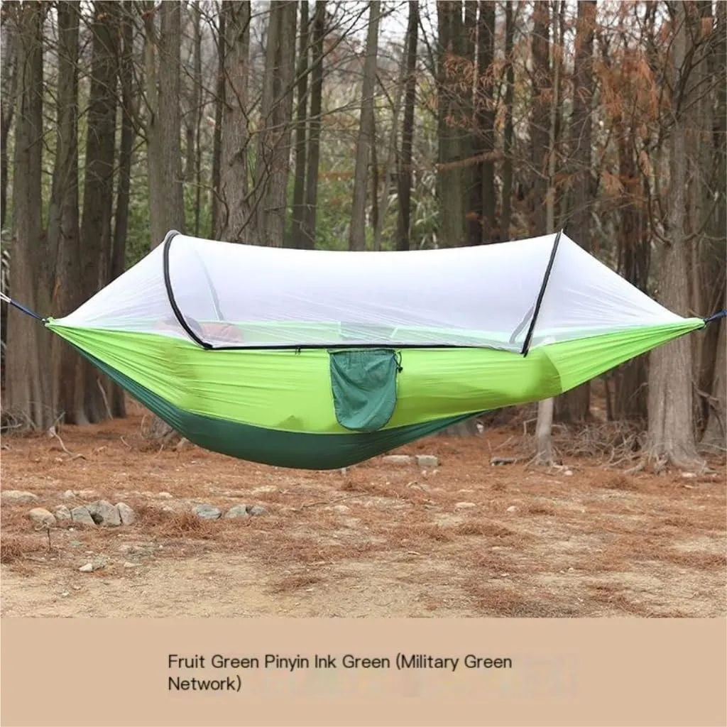 Hammock Double Outdoor Anti-Rollover Nylon Hammock with Mosquito Net Automatic Quick-Opening Pole Mosquito Net Hammock Hammock Outdoor(Red)