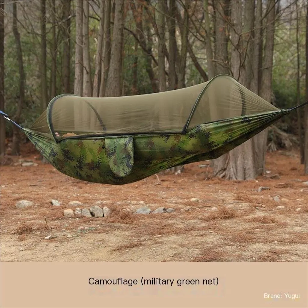 Hammock Double Outdoor Anti-Rollover Nylon Hammock with Mosquito Net Automatic Quick-Opening Pole Mosquito Net Hammock Hammock Outdoor(Red)