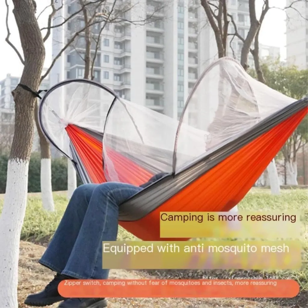 Hammock Double Outdoor Camping Anti-Rollover Nylon Hammock with Mosquito Net Automatic Quick-Opening Mosquito Net Hammock Hammock Outdoor(Pink)