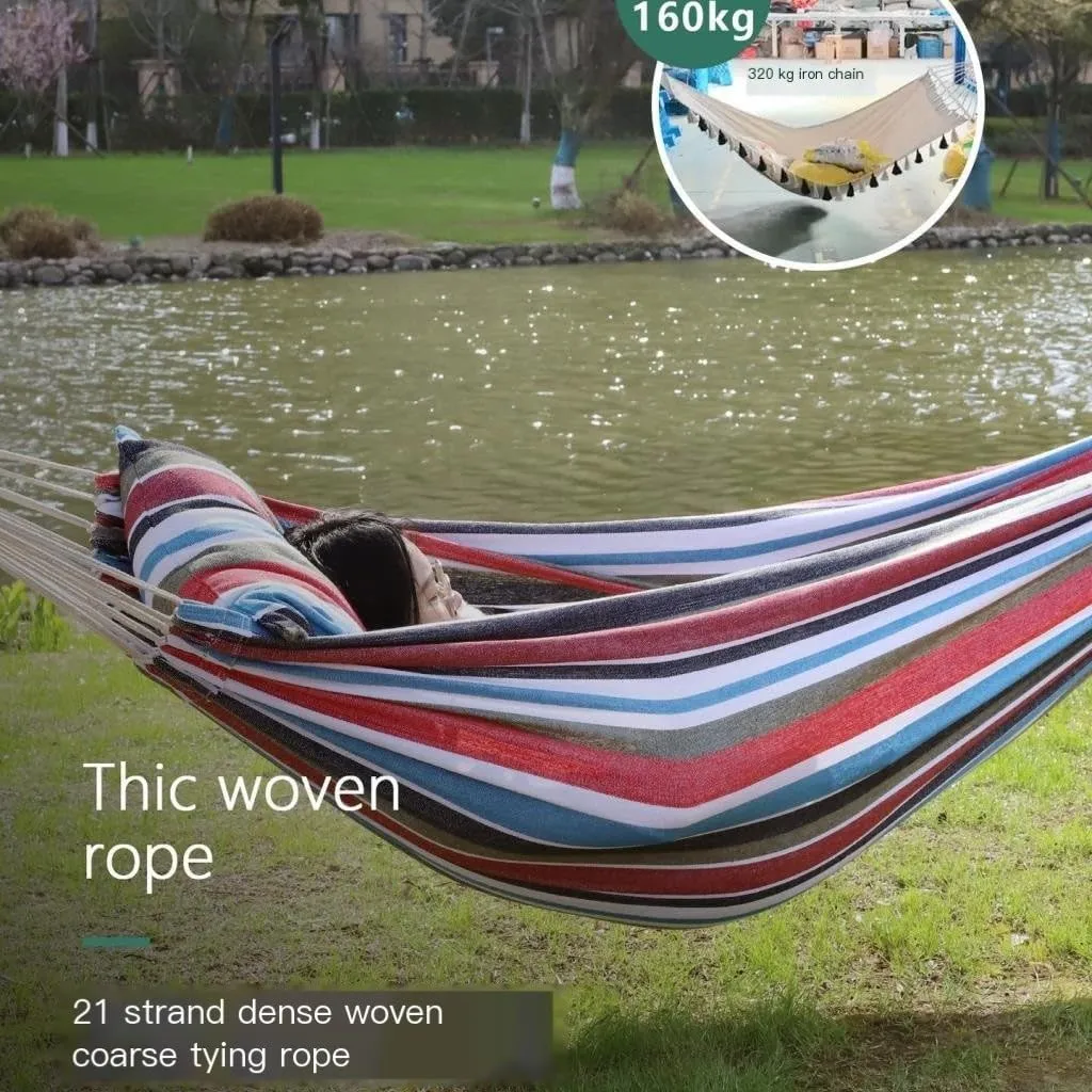 Hammock Double Outdoor Hammock Woven Tassel Thick Canvas Straight Stick Anti-Rollover Leisure Camping Single Double Swing Hammock Outdoor(Blue,A)