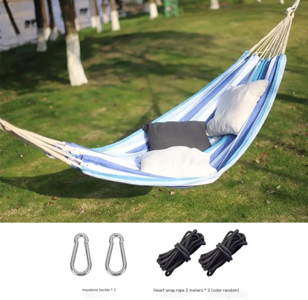 Hammock Double Outdoor Hammock Woven Tassel Thick Canvas Straight Stick Anti-Rollover Leisure Camping Single Double Swing Hammock Outdoor(Blue,A)