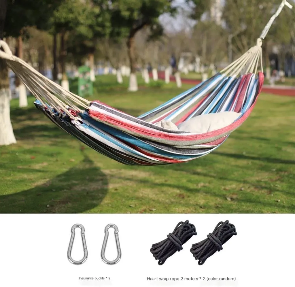 Hammock Double Outdoor Hammock Woven Tassel Thick Canvas Straight Stick Anti-Rollover Leisure Camping Single Double Swing Hammock Outdoor(Blue,A)
