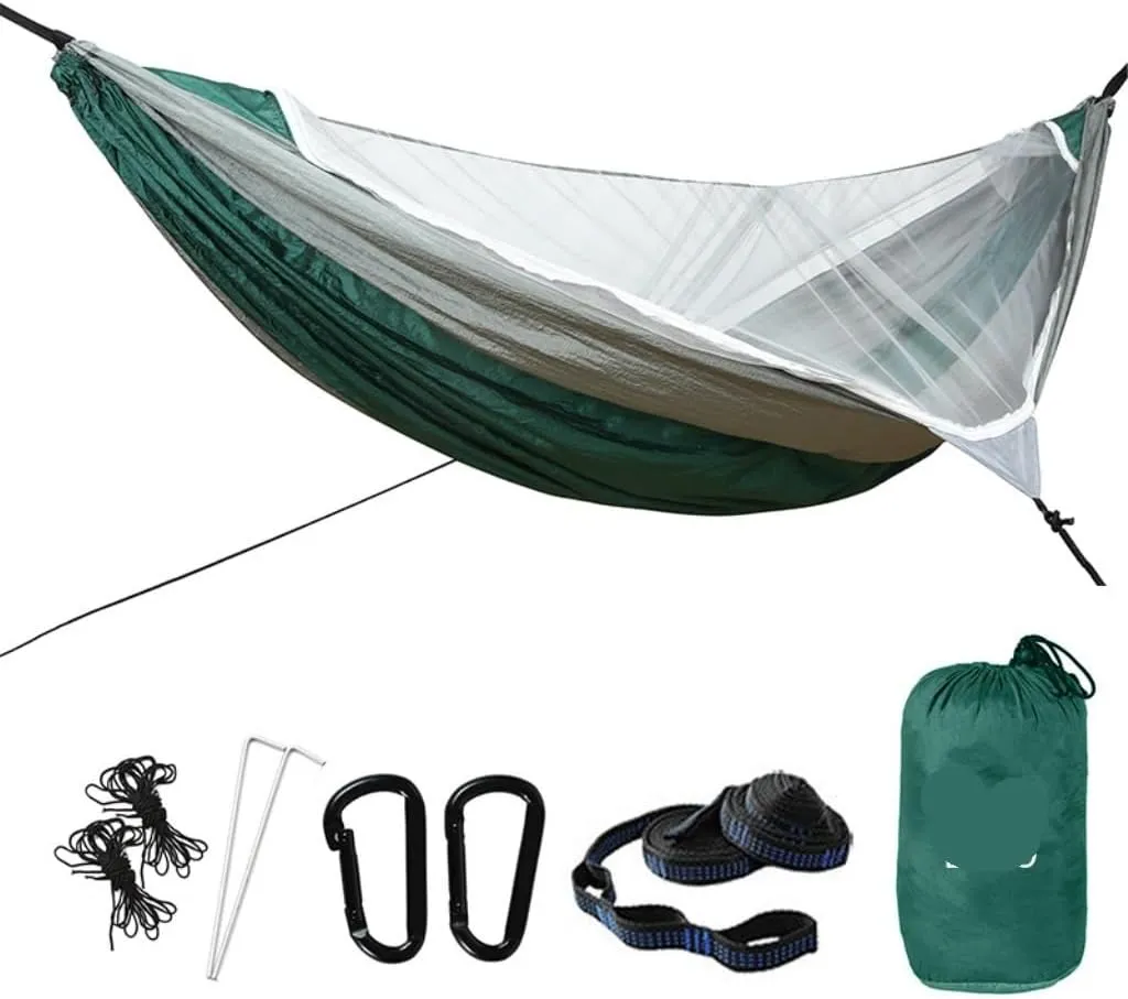 Hammock Double Outdoor Mosquito Net Automatic Quick-Open Anti-Mosquito Hammock Outdoor Single Double Parachute Hammock Hammock Outdoor(Green)