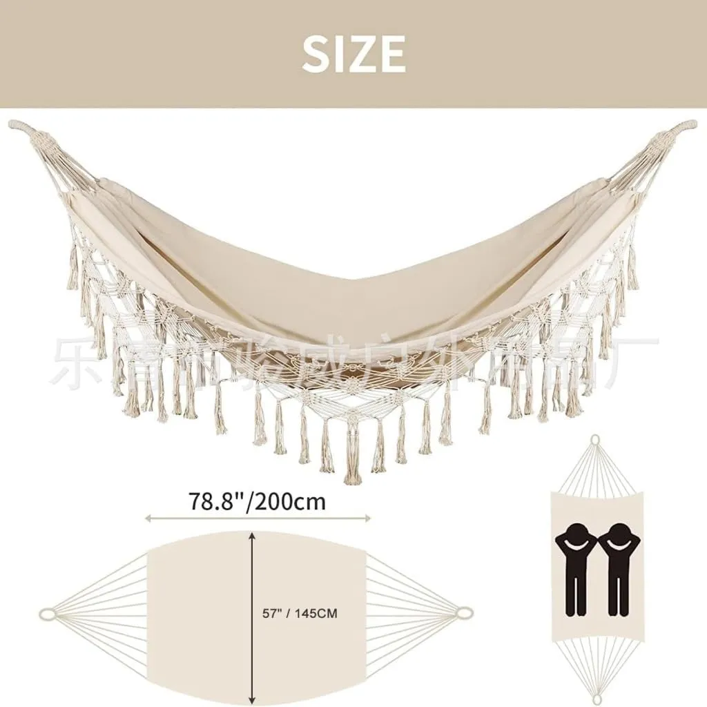 Hammock Double Tassel Hammock Outdoor Bohemian Style Homestay with Canvas Anti-Rollover Swing Rocking Net Bed Hammocks for Outside(White)