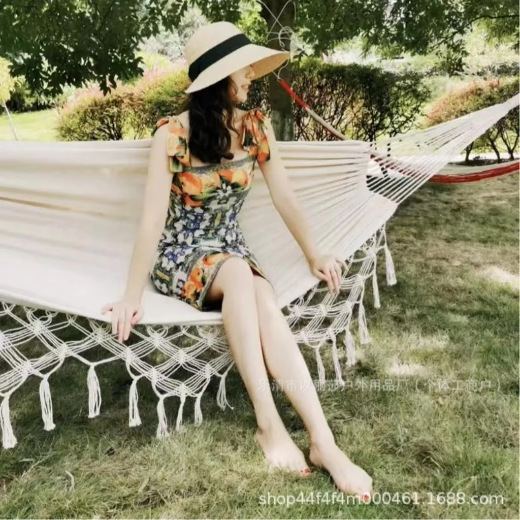 Hammock Double Tassel Hammock Outdoor Bohemian Style Homestay with Canvas Anti-Rollover Swing Rocking Net Bed Hammocks for Outside(White)
