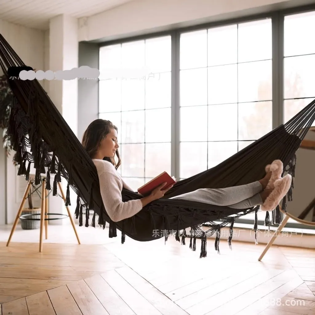 Hammock Double Tassel Hammock Outdoor Bohemian Style Homestay with Canvas Anti-Rollover Swing Rocking Net Bed Hammocks for Outside(White)