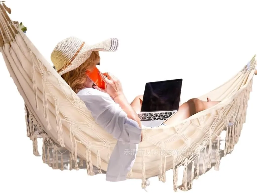 Hammock Double Tassel Hammock Outdoor Bohemian Style Homestay with Canvas Anti-Rollover Swing Rocking Net Bed Hammocks for Outside(White)