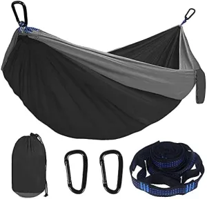 Hammock Handmade Camping Hammock Double Single Lightweight Hammock with Hanging Ropes for Backpacking Hiking Travel Beach Garden Swing, Black Fight Gray