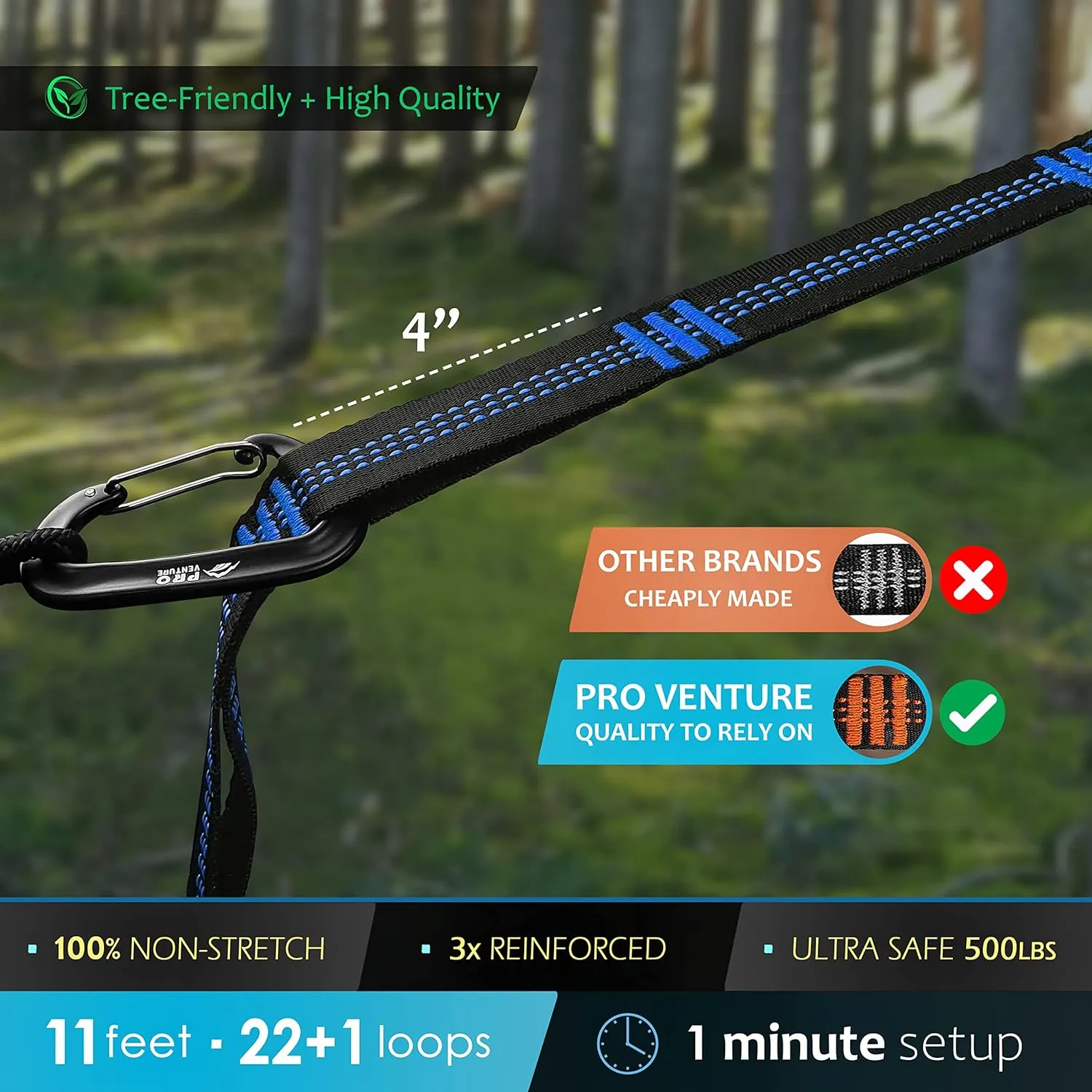 Hammock Straps and Carabiners Set | 22 Feet Total, 44 2 Loops | 1200lbs Breaking Strength (500lbs Rated) | Non-Stretch, Lightweight, Portable - Quick Setup | Heavy Duty, Tree Friendly