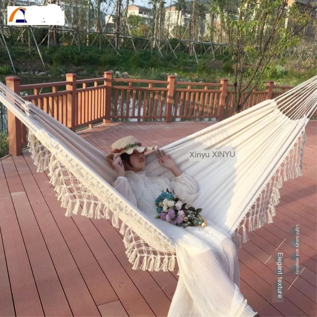 Hammocks Double Enlarged Canvas Swing Indoor and Outdoor Camping Hanging Chair Photography Retro Tassel Hammock Camping Hammocks(Blue)