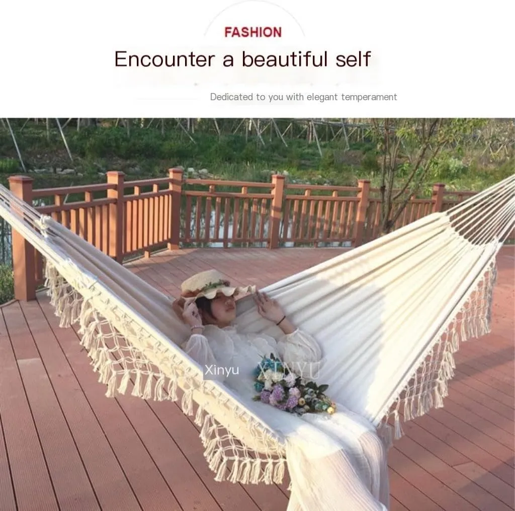 Hammocks Double Enlarged Canvas Swing Indoor and Outdoor Camping Hanging Chair Photography Retro Tassel Hammock Camping Hammocks(Blue)