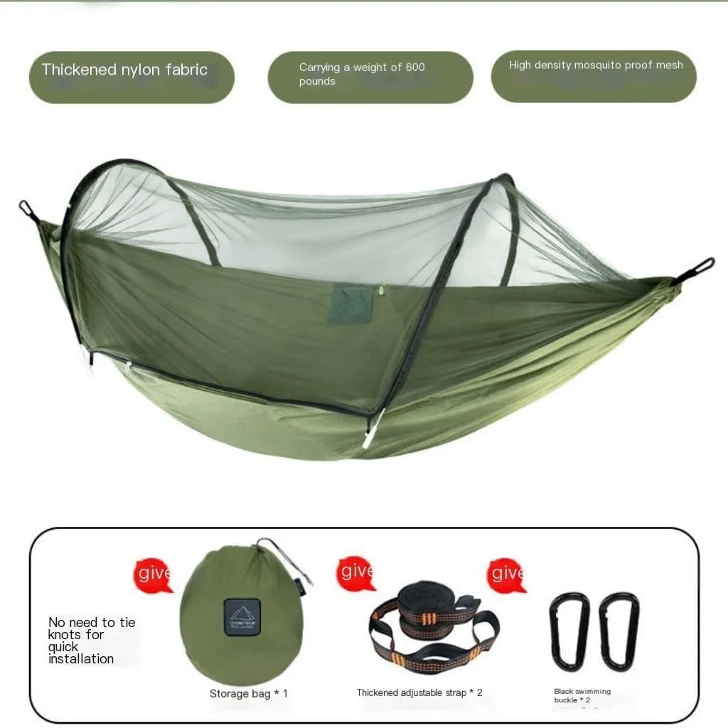 Hammocks Outdoor Anti-Mosquito Hammock Automatic Quick Opening with Mosquito Net Parachute Cloth Single Double Portable Camping Hammocks(Green)