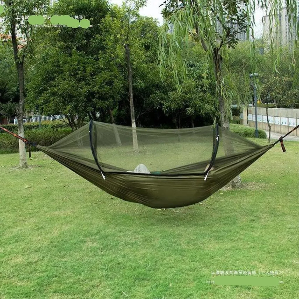 Hammocks Outdoor Anti-Mosquito Hammock Automatic Quick Opening with Mosquito Net Parachute Cloth Single Double Portable Camping Hammocks(Green)