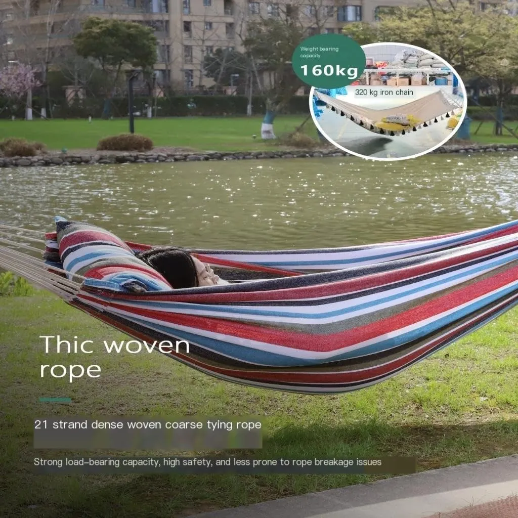 Hammocks Outdoor Hammock Woven Tassel Thick Canvas Straight Stick Anti-Rollover Leisure Camping Single Double Swing Camping Hammocks(Blue,B)