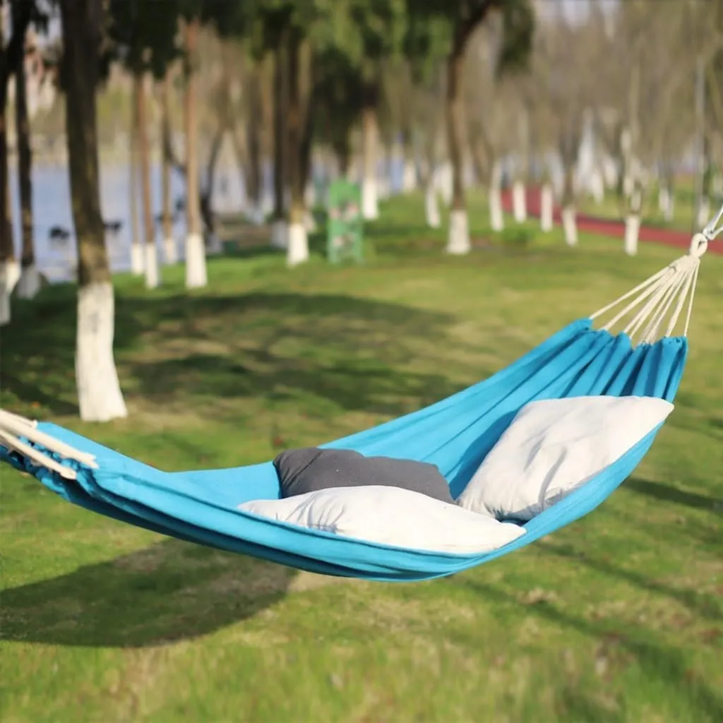 Hammocks Outdoor Hammock Woven Tassel Thick Canvas Straight Stick Anti-Rollover Leisure Camping Single Double Swing Camping Hammocks(Blue,B)