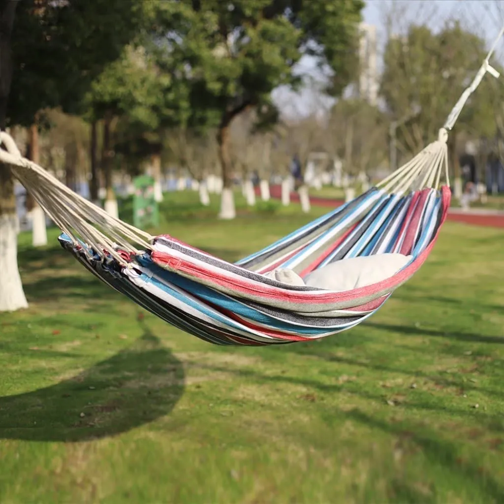 Hammocks Outdoor Hammock Woven Tassel Thick Canvas Straight Stick Anti-Rollover Leisure Camping Single Double Swing Camping Hammocks(Blue,B)