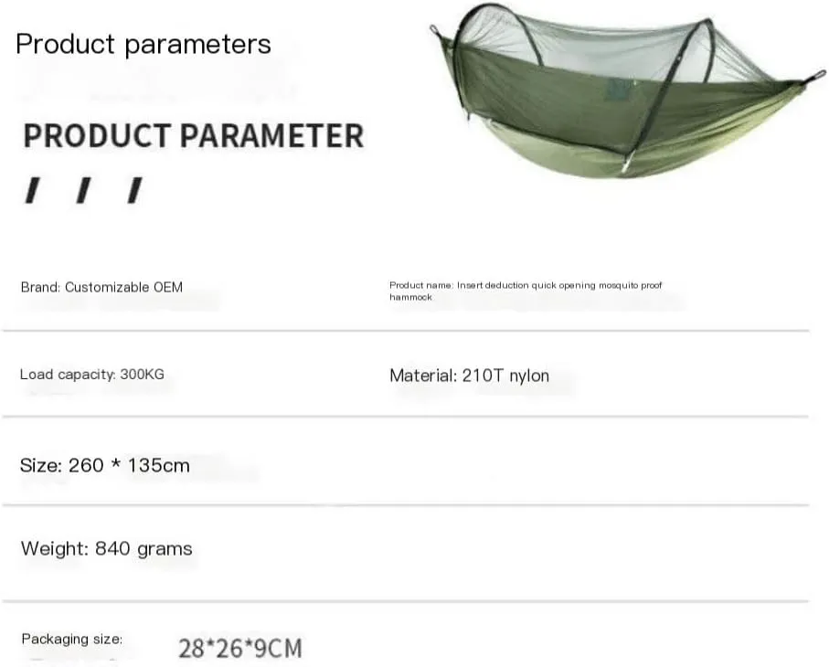 Hamock Outdoor Anti-Mosquito Hammock Automatic Quick Opening with Mosquito Net Parachute Cloth Single Double Hanmock(B)
