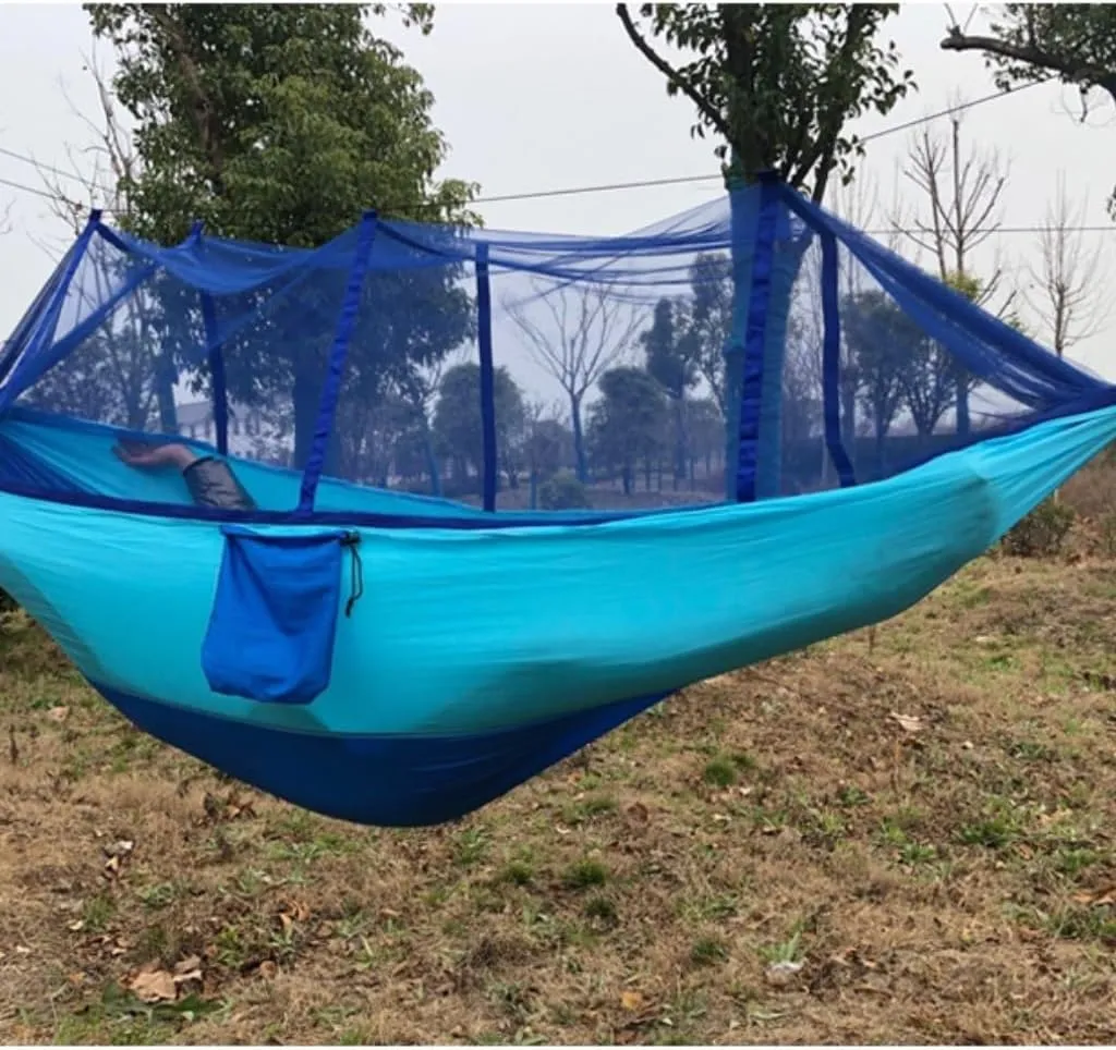 Hamock Outdoor Anti-Mosquito Hammock Automatic Quick Opening with Mosquito Net Parachute Cloth Single Double Hanmock(Blue,B)