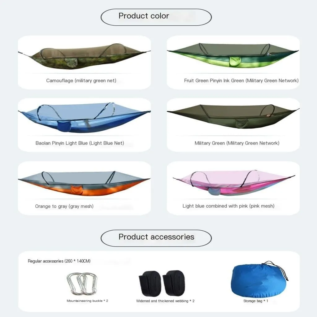 Hamock Outdoor Camping Camping Hammock Sheet Double Automatic Quick-Open Pole Mosquito Net Anti-Rollover Hammock Hanmock(B)