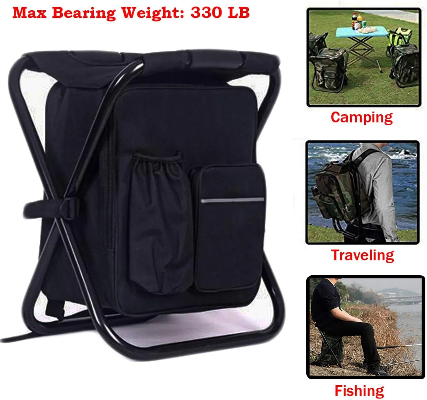 HANERDUN 3 in 1 Backpack Stool Cooler Chair, Foldable Camping Fishing Stool, Portable Backpack Chair for Outdoor Hiking Walking,Black