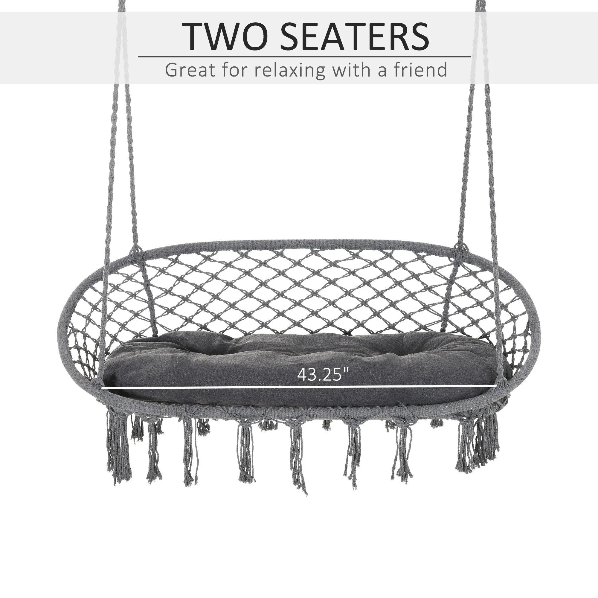 Hanging Chair 2 Seat Metal Swinging Hammock Chair with Cushion & Macrame Net Pattern 396 lbs Capacity Dark Grey