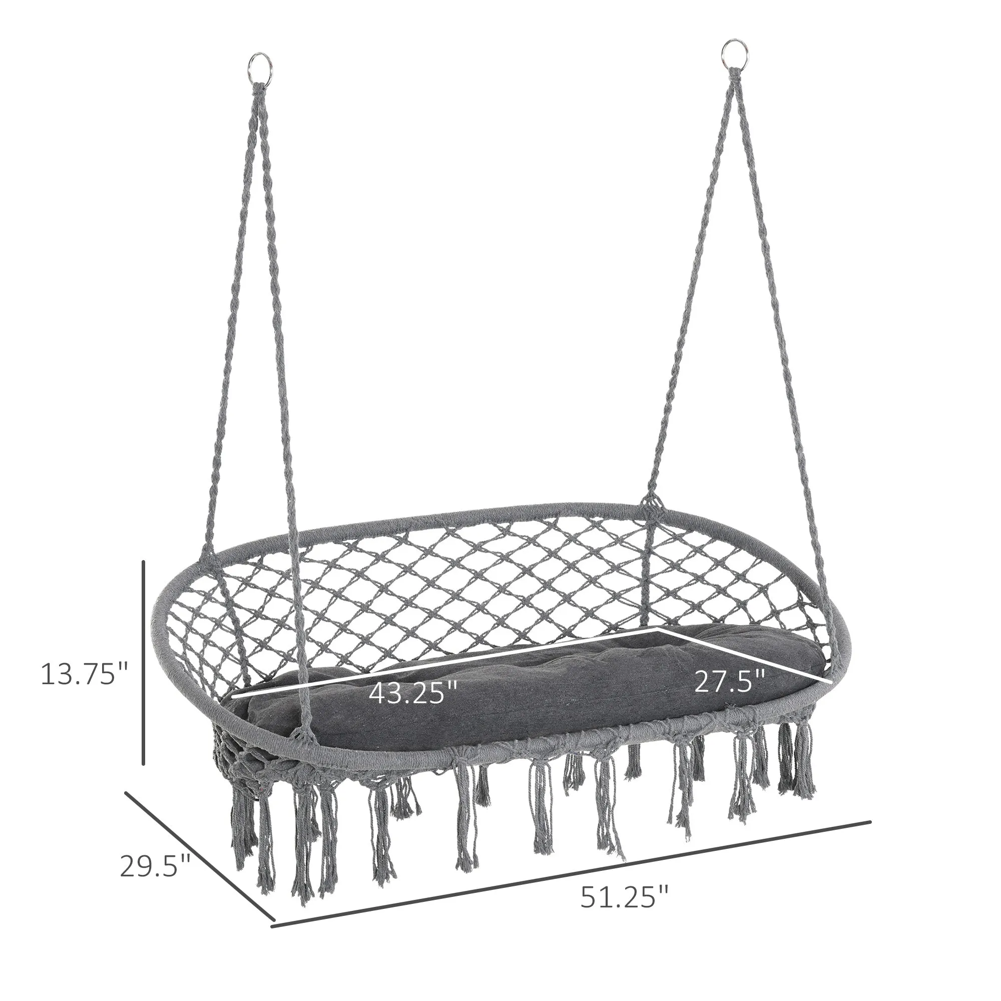 Hanging Chair 2 Seat Metal Swinging Hammock Chair with Cushion & Macrame Net Pattern 396 lbs Capacity Dark Grey