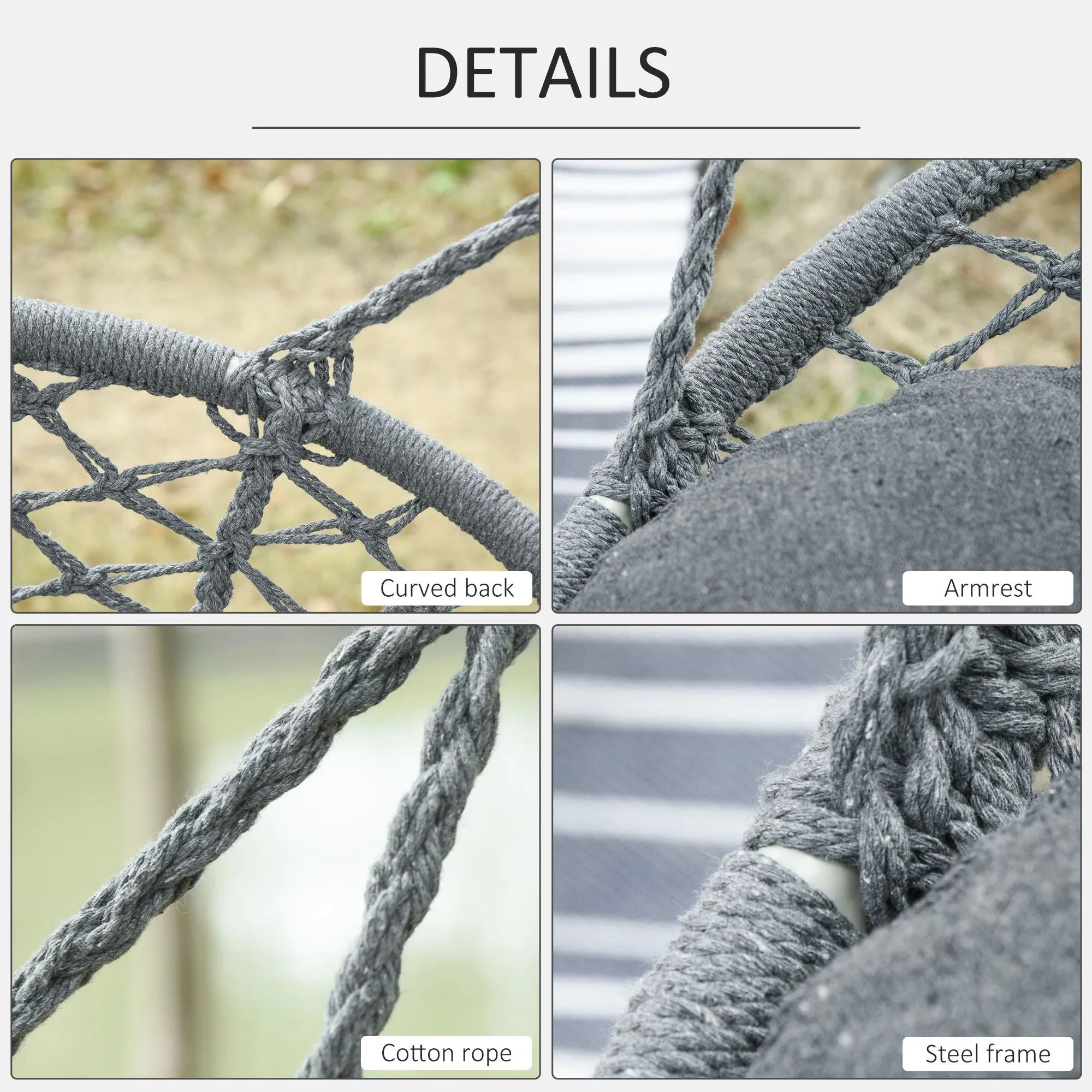 Hanging Chair 2 Seat Metal Swinging Hammock Chair with Cushion & Macrame Net Pattern 396 lbs Capacity Dark Grey