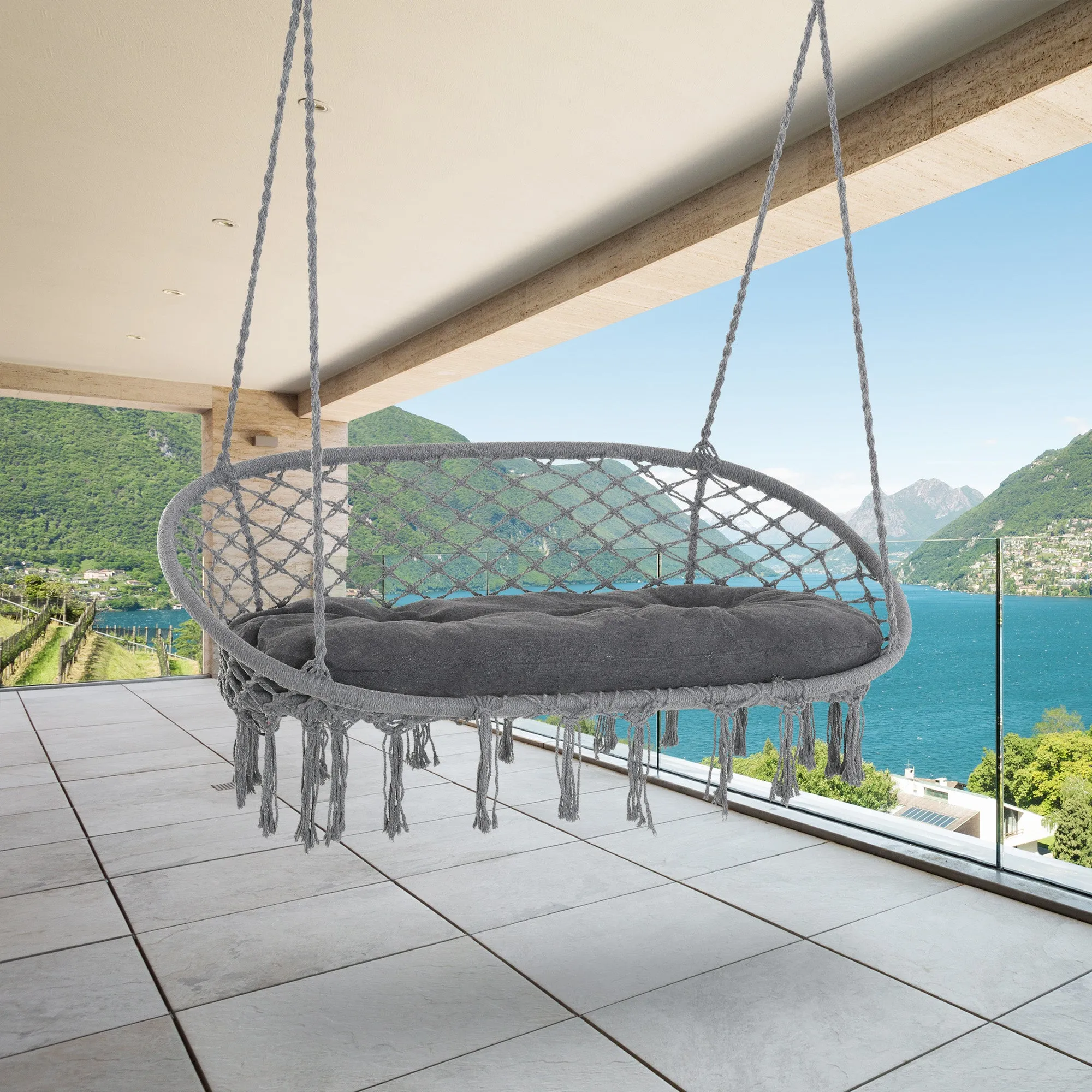 Hanging Chair 2 Seat Metal Swinging Hammock Chair with Cushion & Macrame Net Pattern 396 lbs Capacity Dark Grey