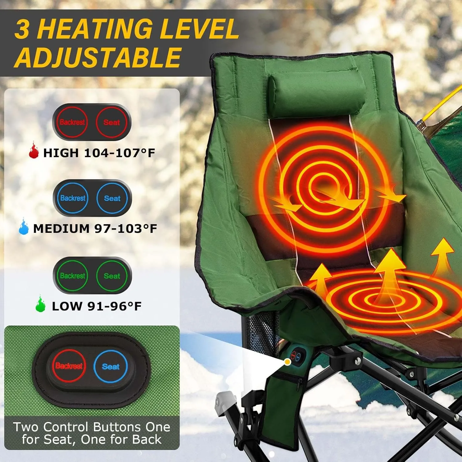 Heated Camping Chair Oversize, XL Heated Rocking Chair with 3 Levels for Back and Seat, Portable Outdoor Heated Folding Chair, Heavy Lawn Chair for Camping/Outdoor/Picnics/Patio (Green)