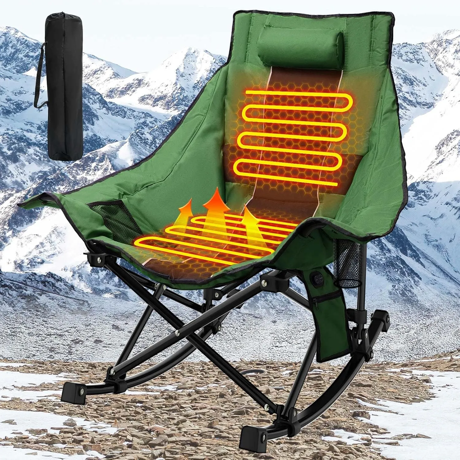 Heated Camping Chair Oversize, XL Heated Rocking Chair with 3 Levels for Back and Seat, Portable Outdoor Heated Folding Chair, Heavy Lawn Chair for Camping/Outdoor/Picnics/Patio (Green)