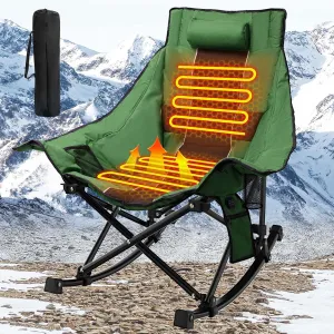 Heated Camping Chair Oversize, XL Heated Rocking Chair with 3 Levels for Back and Seat, Portable Outdoor Heated Folding Chair, Heavy Lawn Chair for Camping/Outdoor/Picnics/Patio (Green)