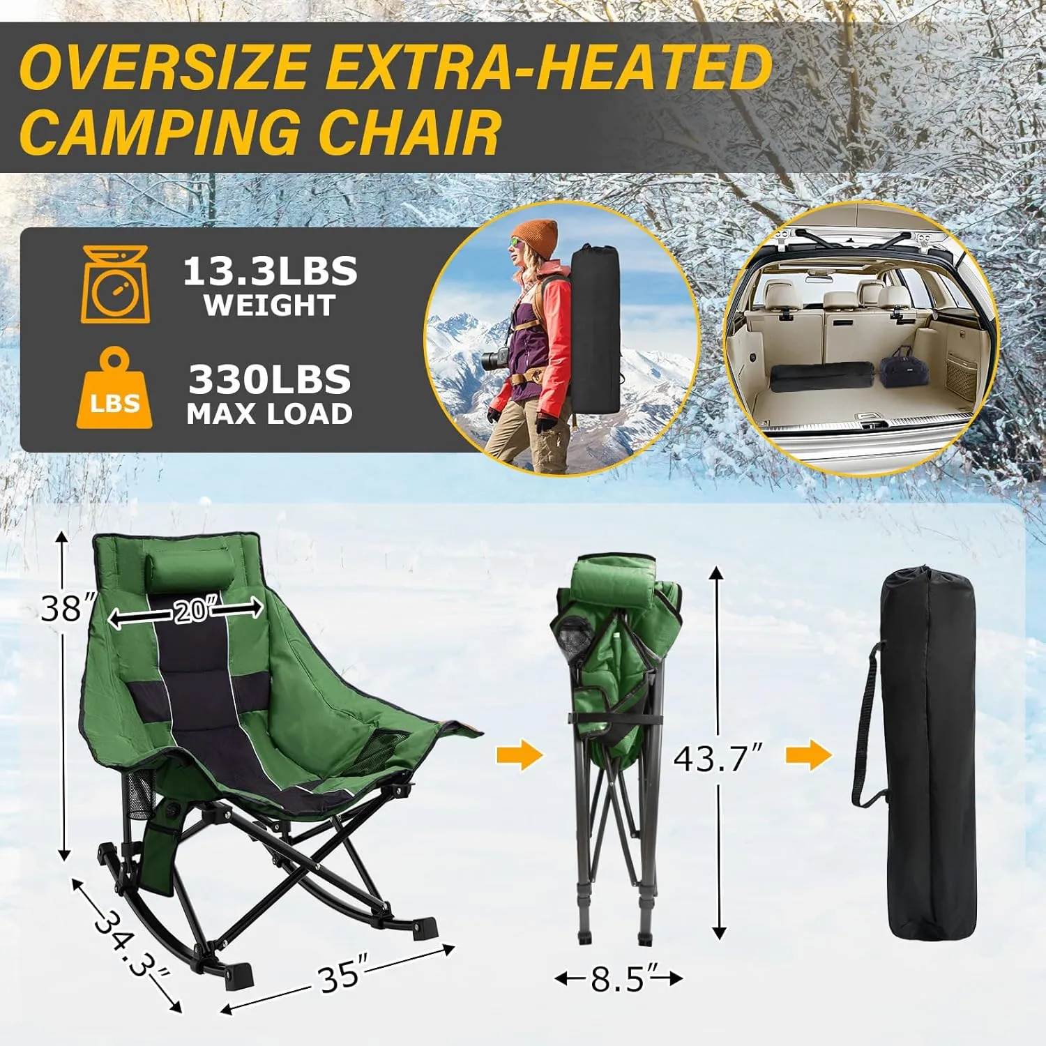 Heated Camping Chair Oversize, XL Heated Rocking Chair with 3 Levels for Back and Seat, Portable Outdoor Heated Folding Chair, Heavy Lawn Chair for Camping/Outdoor/Picnics/Patio (Green)